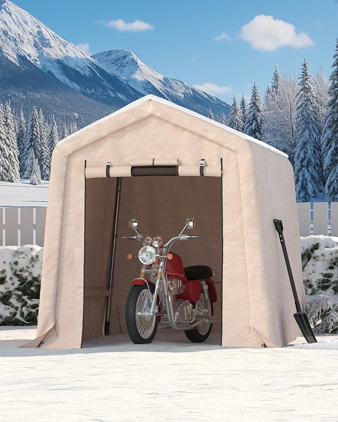 GarveeLife Outdoor Portable Storage Shed with Roll-Up Door & Vent, 240G Heavy-Duty Shelter Waterproof PE Tarp, UV-Resistant Storage Sheds for Motorcycle, Firewood, Garden and Tools (Khaki, 6'x6')
