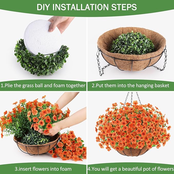 Artificial Flowers Hanging Plants in Basket, Artificial Hanging Flowers for Spring Outdoor Indoor Decor, UV Resistant Hanging Baskets with Fake Flowers for Spring Summer Patio Garden Porch Decor