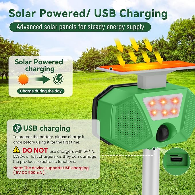 Solar Ultrasonic Animal Repeller, Cat Repellent Outdoor with Motion Sensor, LED Flashing, Waterproof Deer Repellent for Dogs, Cat, Bird, Squirrels, Raccoon, Rabbit, Fox