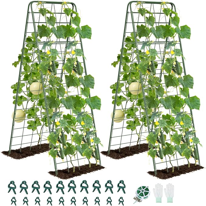 Heavy Duty A-Frame Metal Garden Trellis for Climbing Plants, 50"x17" Inch Tall Plant Support with Clips & Garden Ties for Cucumbers, Squash, Beans & Vines (2)