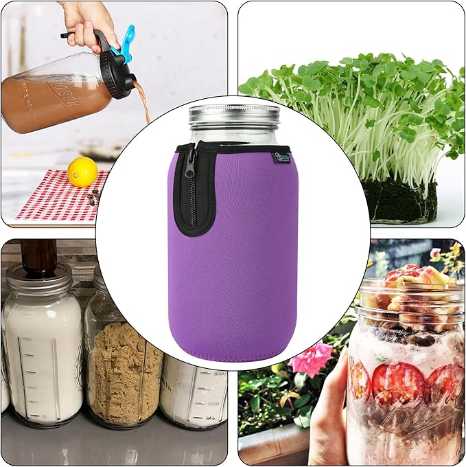 Beautyflier Wide Mouth Mason Jars 64oz Sleeve, Large Clear Glass 2 Quart Insulators Covers, Wide Mouth Half Gallon Sprouting Mason Jars Blackout Sleeves, Bottle Not Included (Purple)