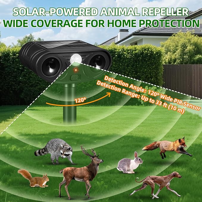 2026 Upgraded Solar Ultrasonic Animal Repellent Deer Repellent Devices Cat Deterrent Outdoor with Motion Sensor Dog Deterrent Keep Raccoon Squirrel Skunk Rabbit Away from Yard Lawn Garden 2 Pack