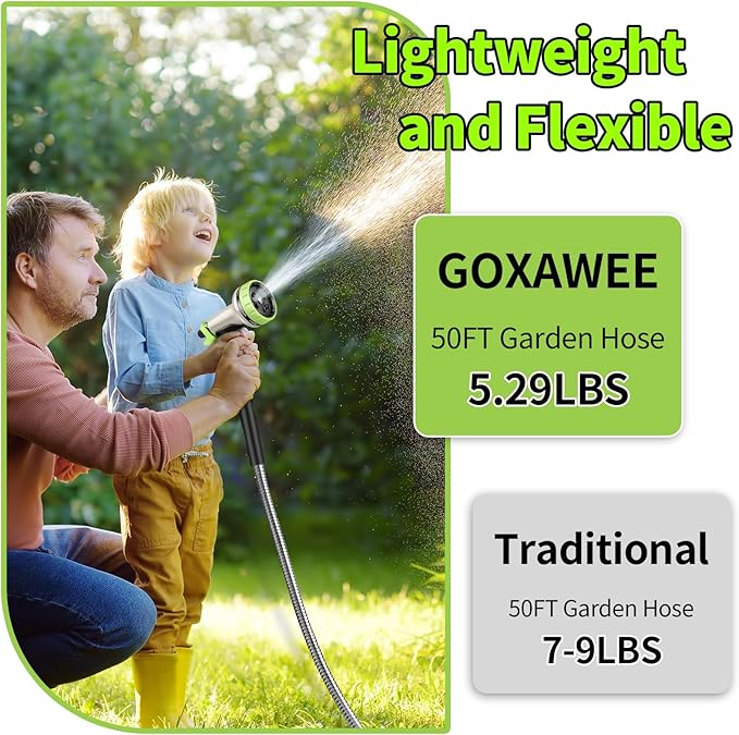 GOXAWEE Garden Hose 50FT, Stainless Steel Heavy Duty Water Hose With 10 Function Nozzle, No-Kink, Tough & Flexible, Sturdy and Lightweight, Rust Proof for Yard, Outdoor, RV