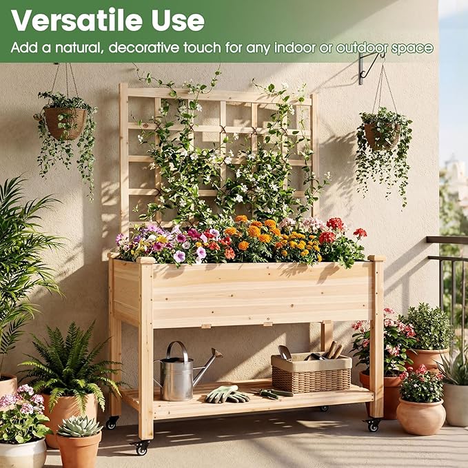Giantex 65'' Wooden Raised Garden Bed w/Trellis on Wheels, Mobile Elevated Planter Box w/Legs, Liner & Drainage Holes for Climbing Plant Vegetable Herb Flower, Outdoor Garden Box, Backyard Balcony