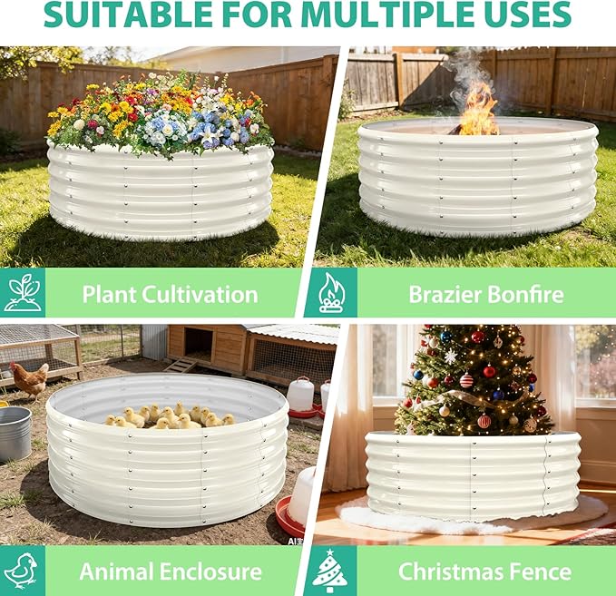 17" Tall Round Outdoor Garden Raised Garden Bed Kits-0.8MM Thick Metal Raised Planter Bed/Ground Planter Box for Variety of Flowers,Herbs,Vegetables,Trees (Cream White, 48 Dia X 16.5inches)