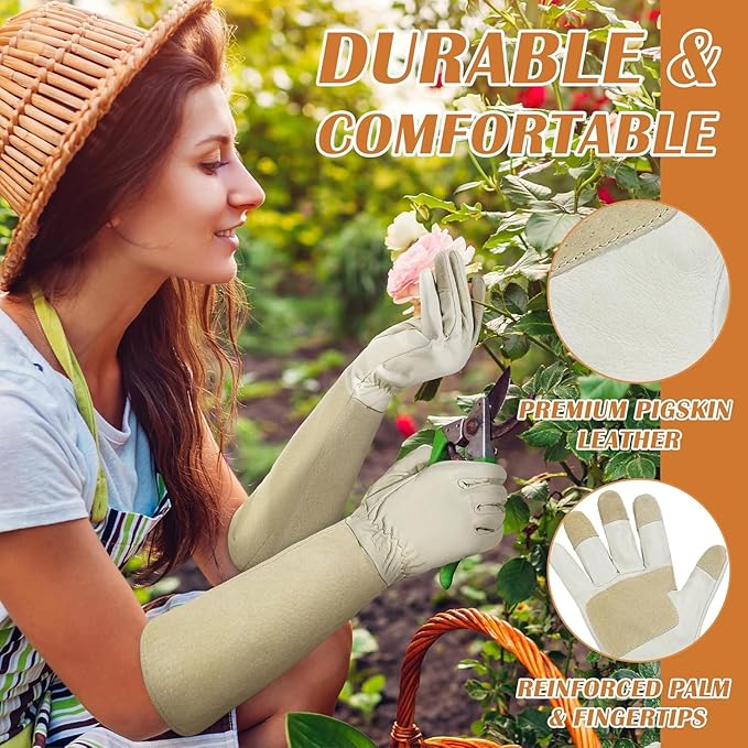 Rose Pruning Gloves for Men & Women, Long Thorn Proof Gardening Gloves, Breathable Pigskin Leather Gauntlet, Best Garden Gifts & Tools for Gardener(Beige White, M)