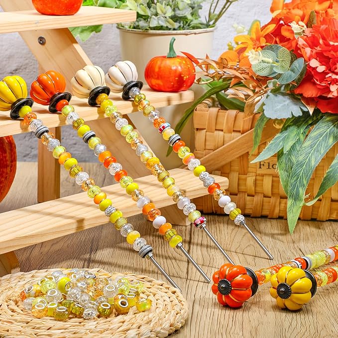 Tigeen 236 Pcs Garden Stake DIY Fairy Wand Plant Stake with 12 Colorful Crystal Stopper Top 12 Threaded Rod with 200 Large Hole Bead for Spring Summer Holiday Outdoor Decorations(Autumn Pumpkin)