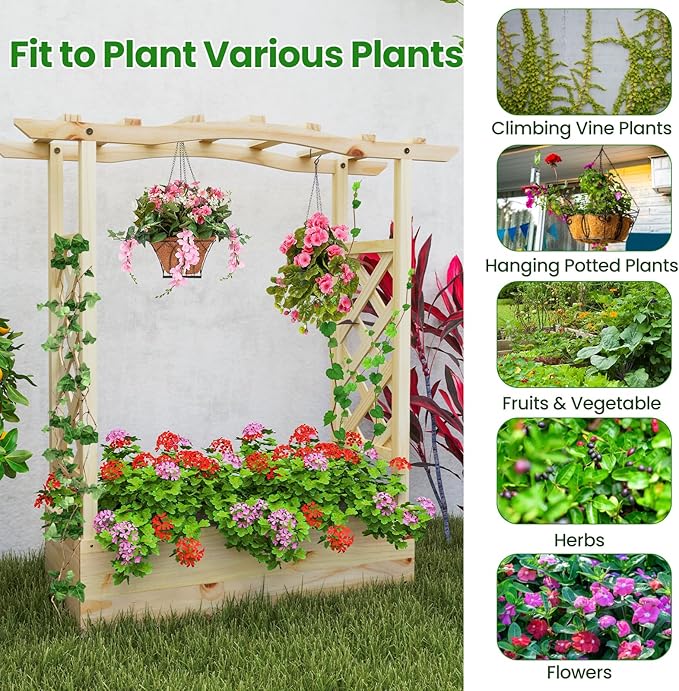 Giantex Raised Garden Bed with Sided Trellis & Hanging Roof, Wood Planter Box, Freestanding Garden Planter Raised Bed for Flowers Herbs Climbing Vines 44”x14”x45” (L x W x H)