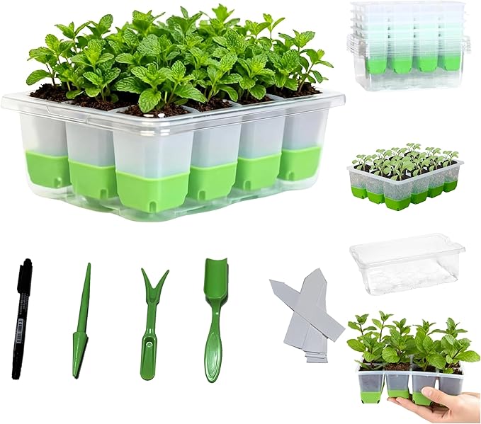 Reusable 60Cell Seed Starter Trays with Easy Push-Out Design, 5Pack Reusable Silicone Seed Starter Kit,Foldable Design for Easy Transplanting,Indoor Gardening Supplies for Vegetables, Flowers & Herbs