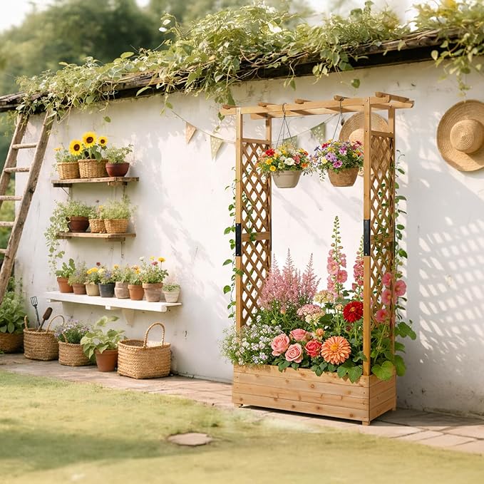 VINGLI Raised Garden Bed with Trellis & Hanging Roof, Wooden Garden Bed, Outdoor Planter Box for Yard, Garden, Balcony (Teak Color, Taller)