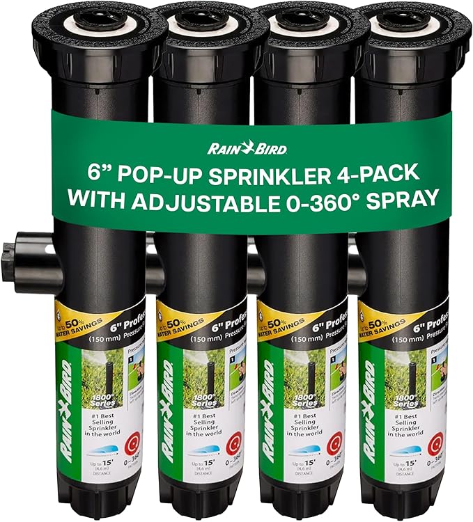 Rain Bird 1806APPRS Pressure Regulated 1800 Series Dual Spray 6 Inch Pop Up Sprinkler Head, 4 Pack -Water Efficient Lawn Sprinkler with 360 Degree Pattern, 1/2 Inch NPT, 8-15 Ft Spray Distance