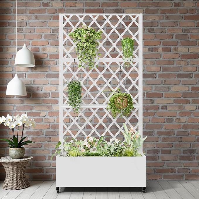 Casaphoria Metal Raised Garden Bed with Trellis and Wheels, 72"x35"x16" Planter Box for Climbing Plants, Vegetables & Vines, Features Drainage Holes and Privacy Screen, White-Rhombus