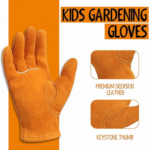 HANDLANDY 2 Pairs Kids Genuine Leather Work Gloves for ages 3-11, Children Gardening Gloves for Boys, Girls (Large (for age 8-11), Orange)