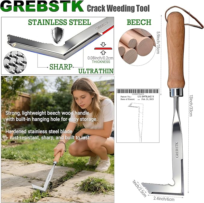 GREBSTK Crack Weeder Crevice Weeding Tool Stainless Steel Manual Weeder Beech Handle Gardening Tool