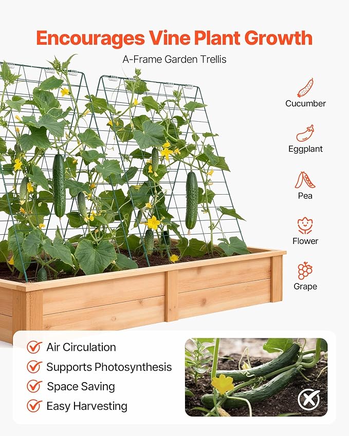 VEVOR Cucumber Trellis, 35" x 55" Foldable A-Frame Garden Trellises for Raised Bed, 4 Panels, Metal Rustproof Outdoor Climbing Plant Support with Gloves for Vine, Peas, Beans, Tomato, Flowers