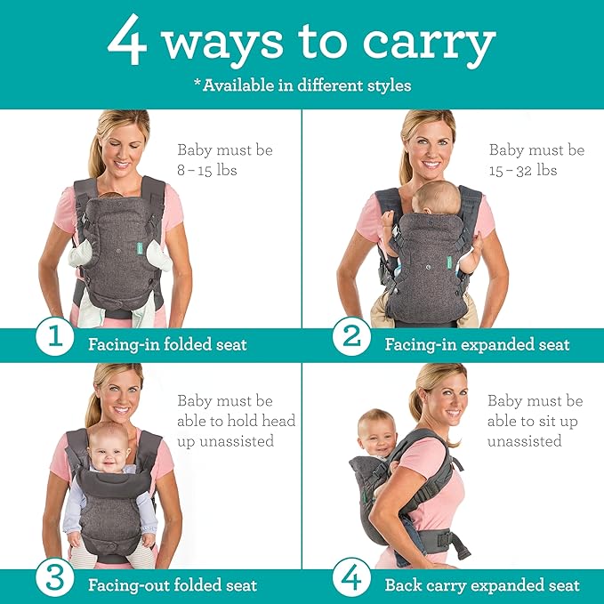 Infantino Flip 4-in-1 Convertible Baby Carrier, Adjustable, Ergonomic Hands Free Babywearing, Registry Essential, Carrier for Newborn to Toddler, Plaid