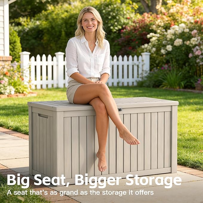 Mars Villa 150 Gallon Outdoor Storage Box, Large Resin Deck Box Waterproof, for Pool Supply Storage, Outdoor Patio Furniture Cushion, with Hydraulic Hinge, UV-Resistant and Weatherproof, Greige