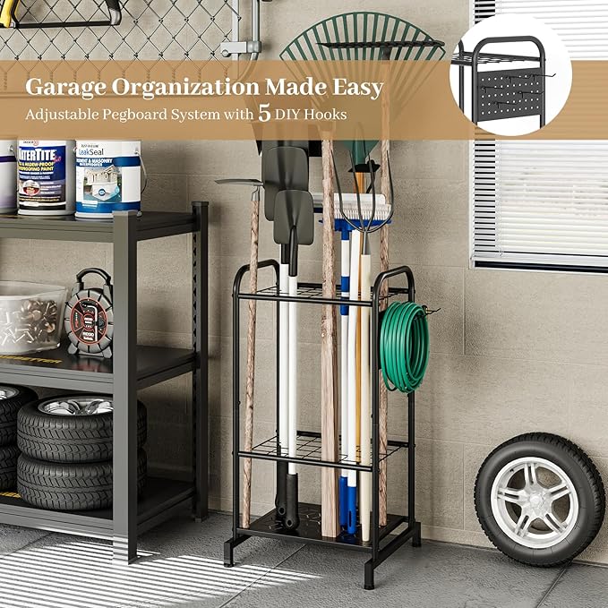 Garden Tool Organizer, Garage Tool Storage Rack, Heavy Duty Metal with Side Pegboard & Adjustable Hooks, Utility Racks for Shed, Patio & Outdoor Use