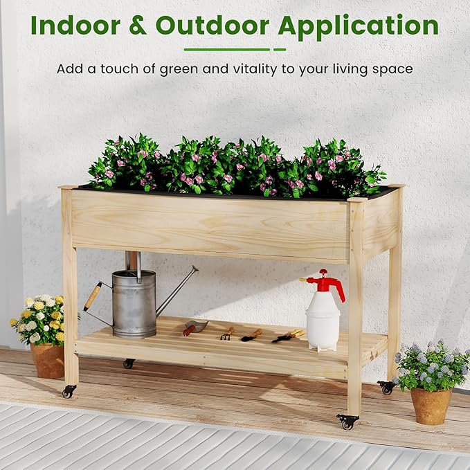 Raised Garden Bed with Legs, Wood Raised Planter w/Lockable Wheels, Drainage Holes & Storage Shelf, Planter Box for Flowers Herbs, Outdoor Balcony Backyard, Natural, 47" L x 23" W x 33" H