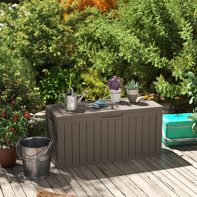 Outdoor Storage Box Waterproof with Wheels, 76 Gallon Lockable Resin Deck Box Patio Storage Bin for Pool Accessories Cushion Furniture, Garden Tools, UV-Resistant Outside Delivery Grey