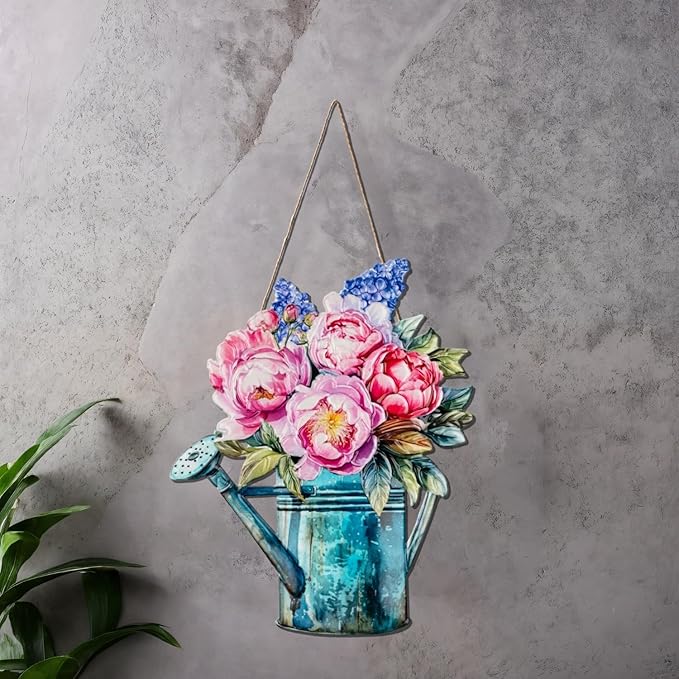 Quterhero Watering Can Flower Wall Decor, Metal Hanging Art for Indoor Outdoor Wall or Porch, Vintage Farmhouse Porch Decor Gift for Mom, Women, Friends(Peony)