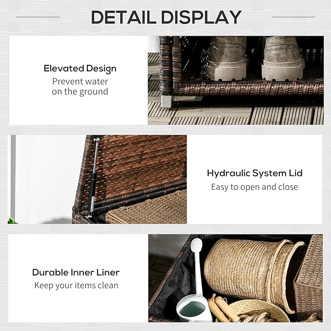 Outsunny Outdoor Deck Box and Shoe Storage, PE Rattan Wicker Towel Rack with Liner for Indoor, Outdoor, Patio Furniture Cushions, Pool, Garden Tools, Brown
