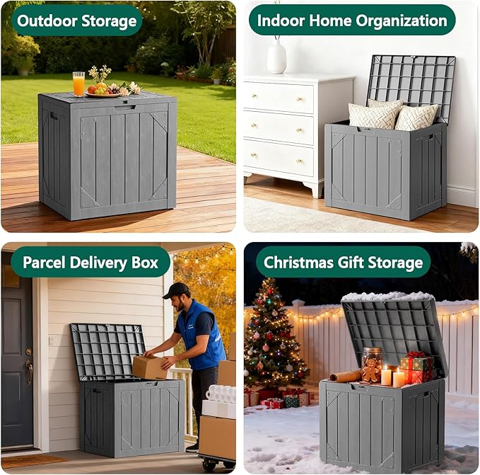 Outdoor Storage Box - 30 Gallon Waterproof Resin Deck Box, Lockable Patio Storage Bench for Package Delivery, Cushions & Garden Tools, UV Resistant (Grey)