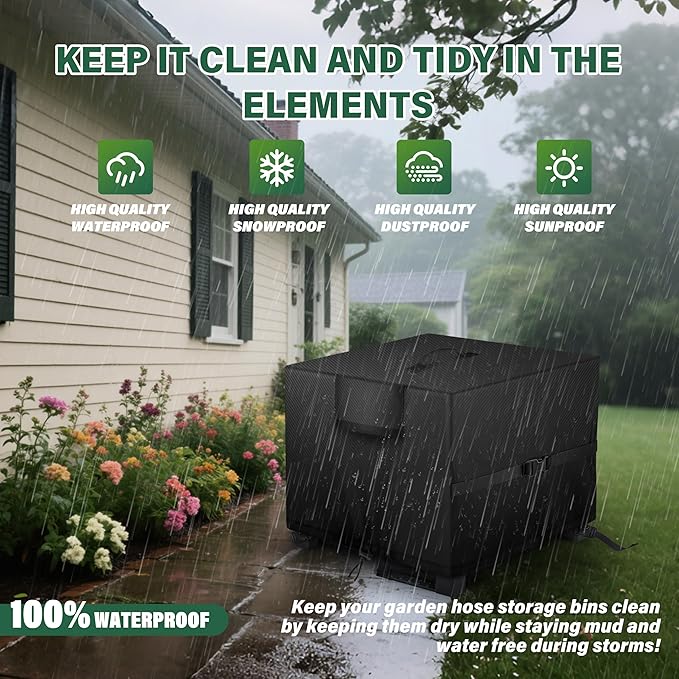 Garden Hose Storage Box Cover – Weather-Resistant Protective Cover for Outdoor Hose & Storage Box, Protects Against Sunlight, Rain, Snow, Sandstorms – Black