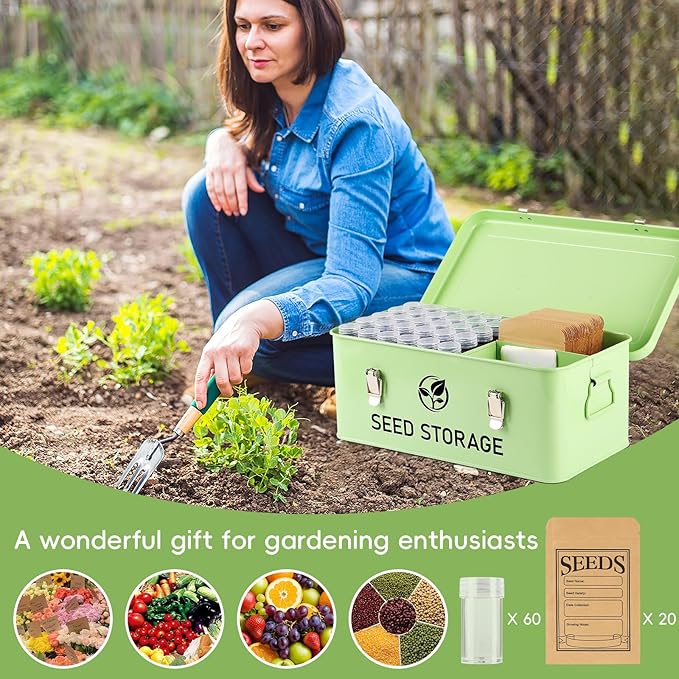 Seed Storage Organizer, Metal Seed Bank Gardening Saving Containers Box (Seeds not Included)