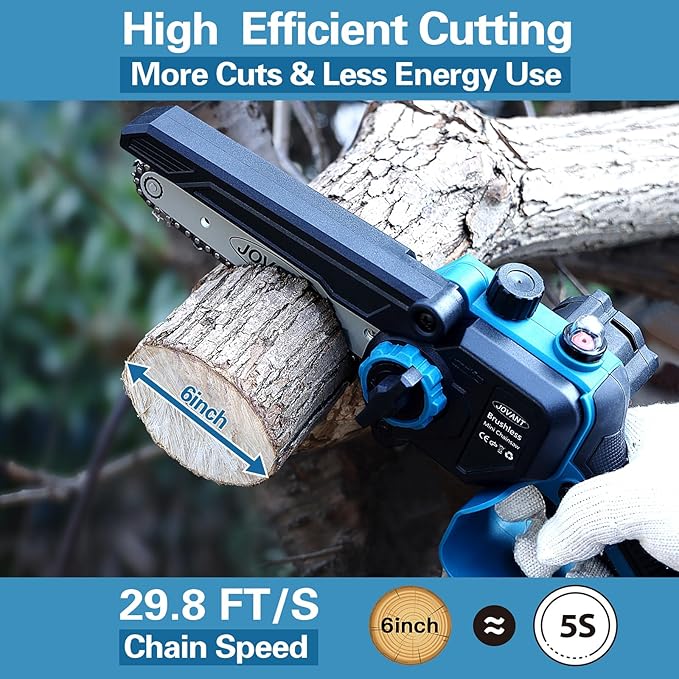 6 Inch Cordless Chainsaw Battery Powered Handheld Lightweight Tree Branches and Wood Pruning Power Tools, Portable Electric Mini Chain saw for Home, Garden and Outdoor use with 2 * 2000mAh Batteries