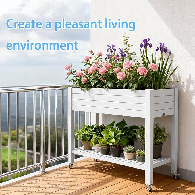 43" Elevated Garden Bed with Wheels & Legs, 78L/21 Gal Large Raised Planter Box with Drainage & Water Level Indicator, Mobile Herb Garden Kit for Patio & Balcony, Grayish-White