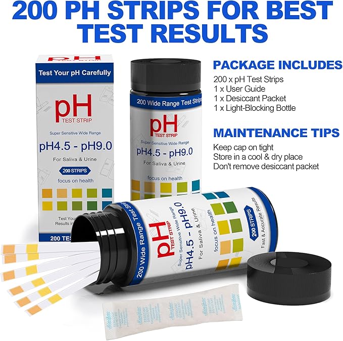PH Test Strips for Urine & Saliva - 200ct Urine PH Test Strips for Humans, Fast & Accurately Track & Monitor Your pH Level (4.5-9.0ppm) in Seconds, Quick & Easy to Test Alkaline & Acid Levels in Body