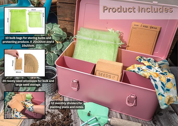 Seed Storage Organizer –Waterproof Metal Seed Box with Storage Bags, Dividers, 4 Compartments with Lid and Safety Locks , Portable Side Handles, Perfect for Garden Seeds, Lables & Tools -Matte Pink