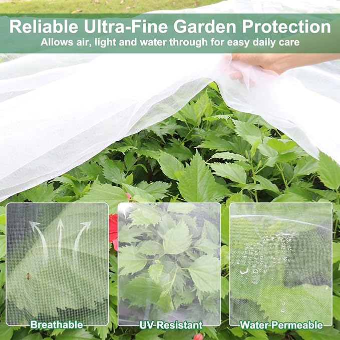 KLEWEE Garden Netting Kit for Raised Beds, 10 x 33 ft Ultra Fine Mesh Netting and 6 Sets Fiberglass Garden Hoops, Garden Bed Row Covers for Plants Vegetables from Animals Barrier Insects Bugs