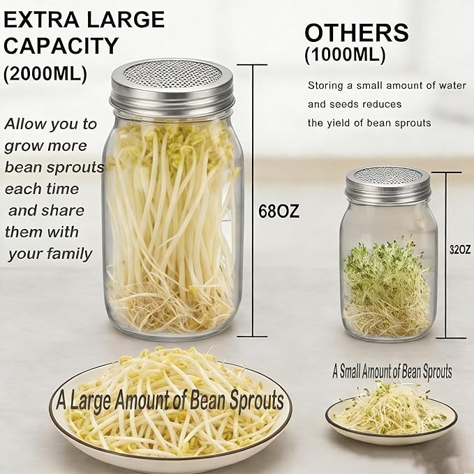  [Large Size] 68oz Sprouting Kit, 2 Sprouting Jar Kits, Wide Mouth Jars with Stainless Steel Screen Sprout Lid, 2000ml Sprouts Growing Kit, Seed Sprouter Set for Growing Broccoli, Bean, Alfalfa ﻿