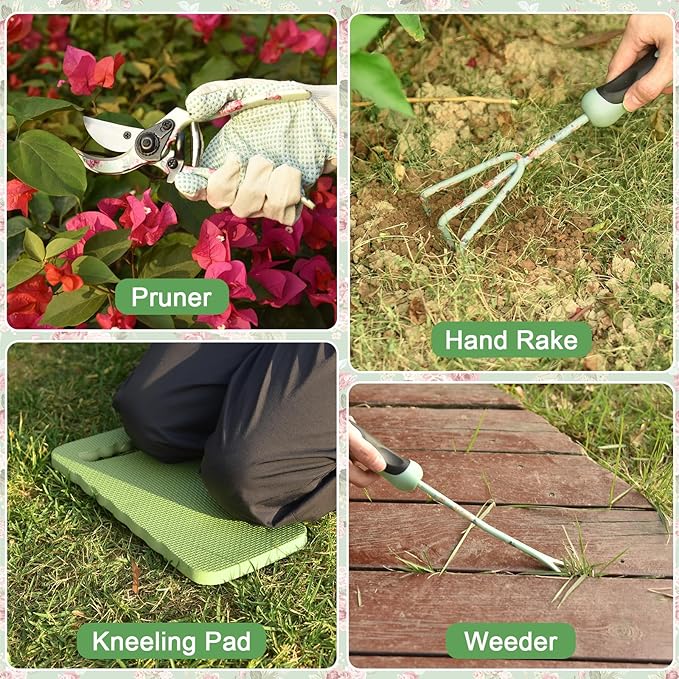 Gardening Tools, WisaKey 10 Piece Heavy Duty Garden Tools Set with Handle, Durable Fashion Garden Organizer Handbag, Ideal Gardening White Elephant Gifts Gift for Woman Mothers