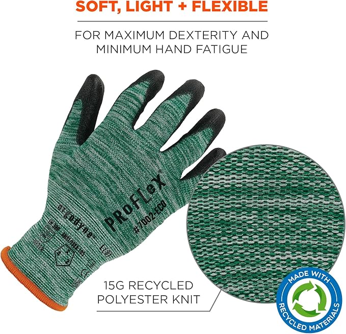 Ergodyne ProFlex 7002-ECO Work Glove, Recycled PU Coated Palms Gloves, Post Consumer Materials, 15 gauge, 12-Pack