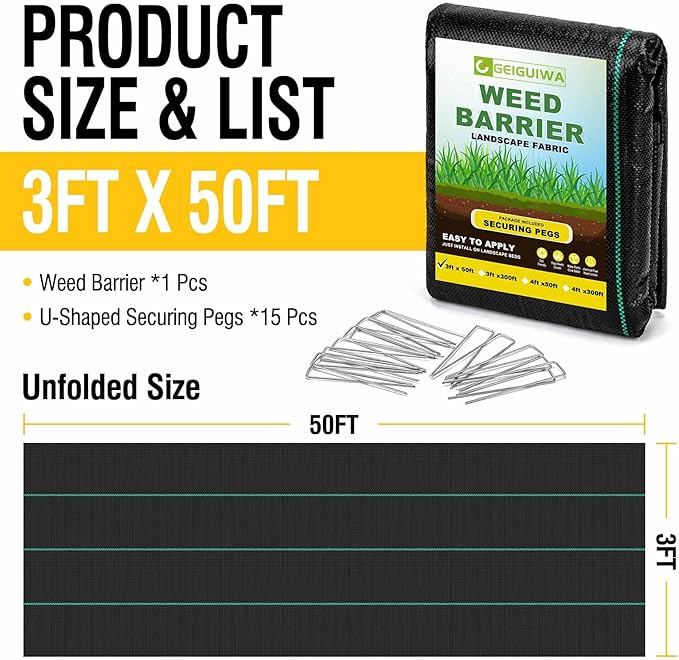 3ftx50ft Weed Barrier Landscape Fabric Heavy Duty,Weed Control Garden Cloth Woven Geotextile Fabric for Flower Bed,Driveway Fabric Ground Cover(3.2OZ)