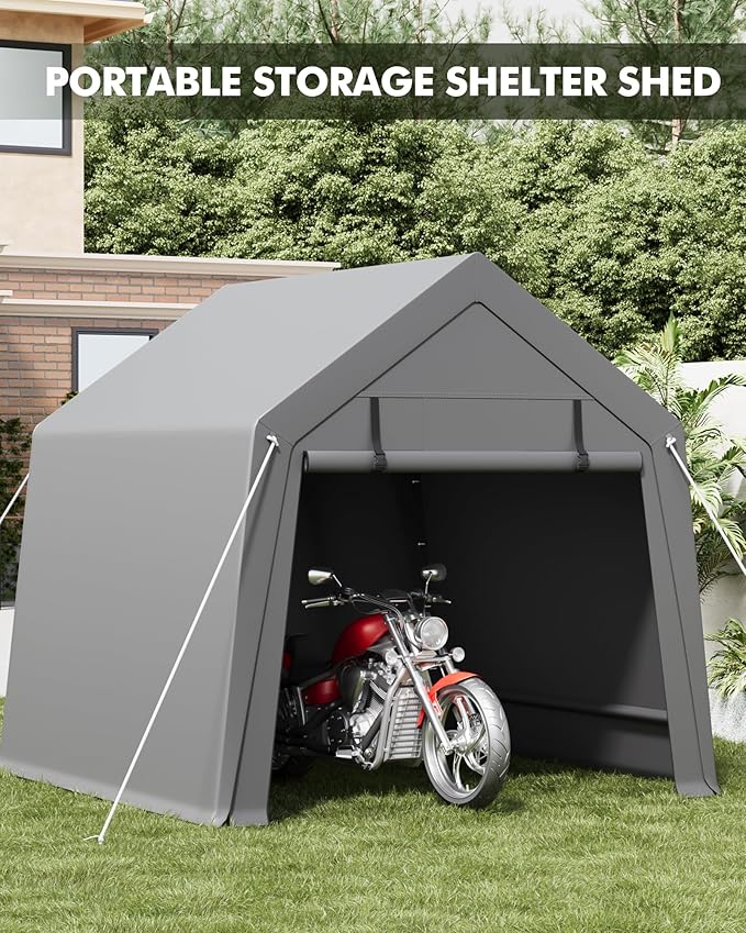 GarveeLife 6 x 6 ft Carport Storage Shed, Portable Garage with Roll-up Zipper Door, Heavy Duty Waterproof Tarp, Storage for Motorcycle, Bike, Firewood, Garden Tools