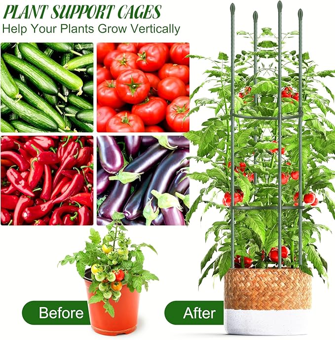 6 Pack Tomato Cages for Garden Plant Support 64 Inches Tall Garden Trellis Plant Stakes for Indoor Outdoor Plants Climbing Plants Vegetable Fruit Crop Flower Vine, Green