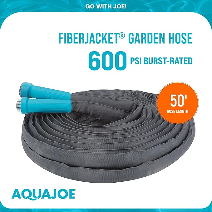 Aqua Joe AJFJH50-58-MAX Superlight FIBERJACKET Garden Hose, Kink-Resistant, 600 PSI Burst Rating, 50 Feet Long, Heavy Duty Couplings