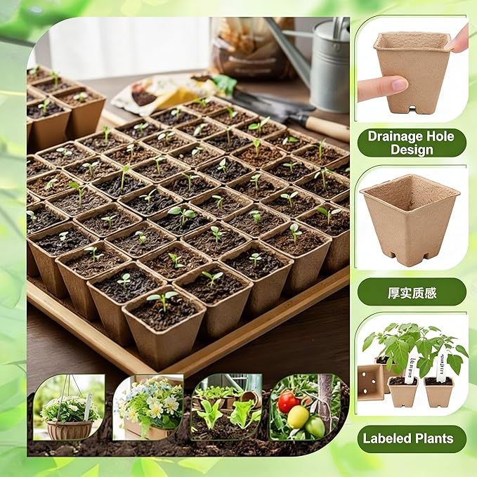 500 Sets Seedling Starter Kit with Square Peat Pots 2.36", Organic Coco Coir Pellets 30 mm, Labels, & Transplant Tools, Biodegradable Nursery Pot with Drainage Hole Potting Soil for Plant