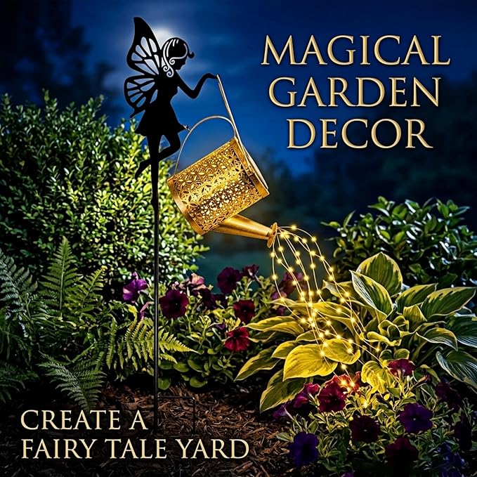 Fairy Solar Lights Outdoor Waterproof, Upgraded Thickened Stake Metal Garden Decor, Whimsical Watering Can Lantern for Yard Pathway, Fairy Garden Accessories Gifts for Women