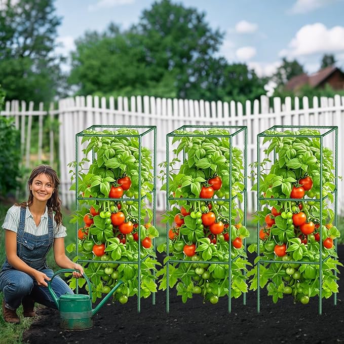 Square Tomato Cages for Garden: 3 Pack Heavy Duty Tomatoes Trellis - 48.5in Adjustable Height Tomato Plant Support cage for Flowers, Fruits, Vegetable