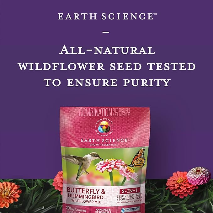 Earth Science Wildflower Butterfly & Hummingbird Mix—6 lb— 3-in-1 Premium Wildflower Seed, Plant Food and Soil Conditioners, Non-GMO for Bees, Hummingbirds, Butterflies, Pollinators