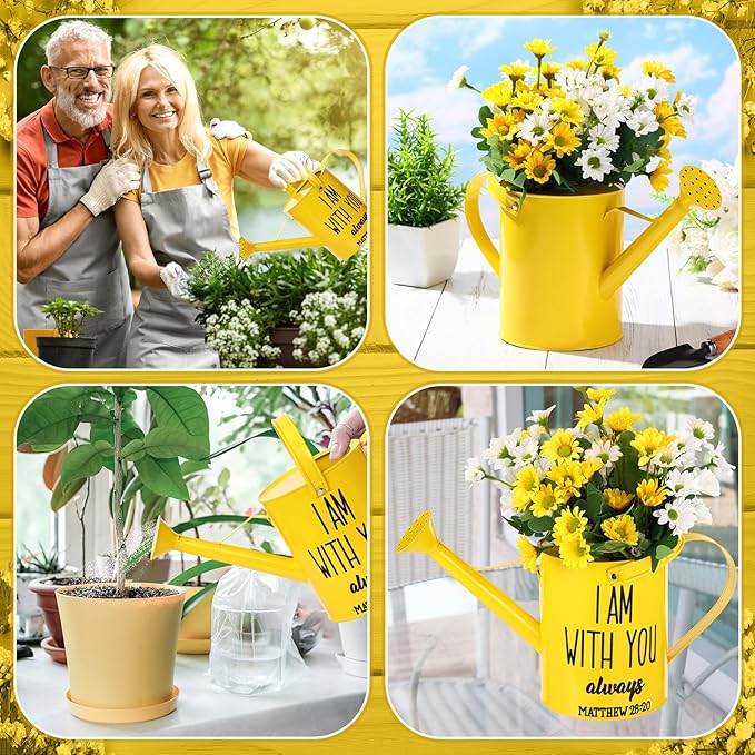 1. 6l Christian Galvanized Metal Watering Can with Inspirational Bible Verses Small Christian Religious Gardening Can Church Gift for Women for Outdoor House Indoor Plants(Yellow,1.6 L)