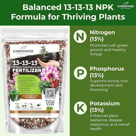 13-13-13 Slow Release Granular Fertilizer – All Purpose Plant Food 13 13 13 for Outdoor Grass, Vegetables, Roses, Flowers, Shrubs, Trees. Lawns, Gardens, Potted Plants (4 quarts)