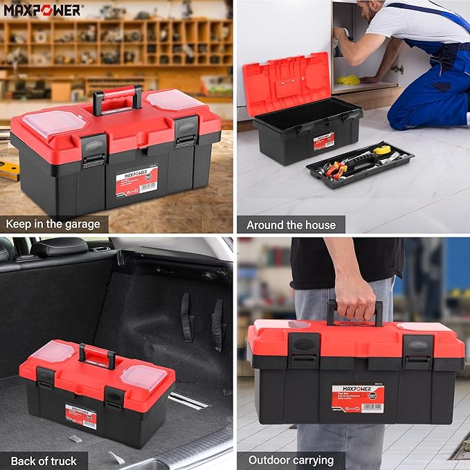 MAXPOWER 17 inch Tool Box, Small Plastic Toolbox with Handle, Removable Tray and Lockable Latches