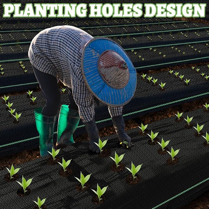 Garden Weed Barrier Landscape Fabric with 132 Planting Holes – 4ft x 33ft Woven Geotextile Fabric,Driveway Fabric,Durable Weed Control Mat with 20 Securing Pegs for Flower Beds, Vegetable Gardens
