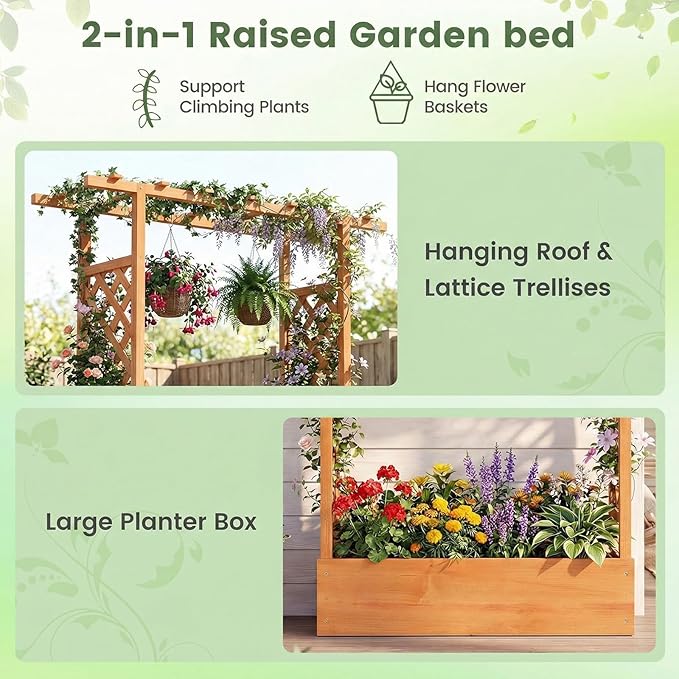 Raised Garden Bed with Trellis, Wood Planter Box w/Trellis, Hanging Roof, Drainage Holes, Freestanding Planter Raised Bed for Outdoor Climbing Plants Flowers, Patio Yard Balcony (1, Orange)